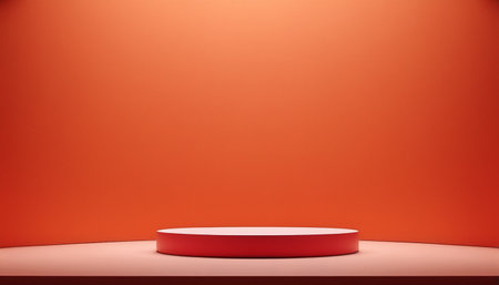 Red podium on orange background. 3d rendering. Computer digital drawing.の素材