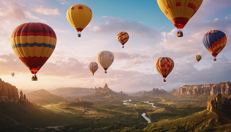 Colorful hot air balloons flying over the mountains. 3d renderingの素材