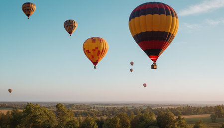 Hot air balloons fly over the countryside at sunset. Colorful hot air balloonsの素材