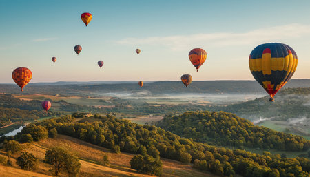 Hot air balloons fly over the valley in the Carpathians, Ukraineの素材