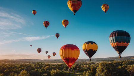 Hot air balloons fly over the countryside. Colorful hot air balloons in the sky.の素材