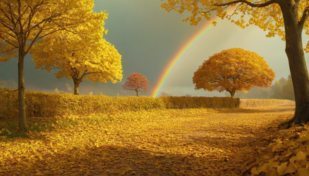 Autumn landscape with yellow trees and rainbow in the sky, nature seriesの素材
