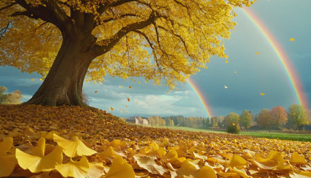 Autumn landscape with yellow leaves and rainbow in the sky, nature seriesの素材