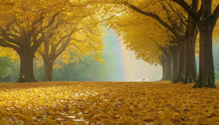 Ginkgo trees with rainbow in autumnal park, South Koreaの素材