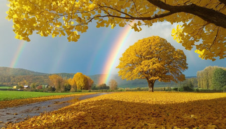 Autumn Landscape with Yellow Tree and Rainbow in the Sky.の素材