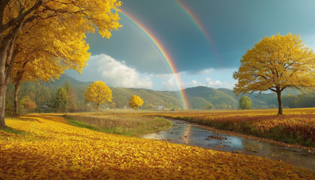 rainbow over autumn field with yellow trees and rainbow in the skyの素材