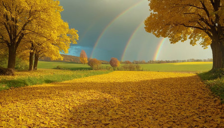 Rainbow over the autumn field with yellow trees and rainbow in the skyの素材