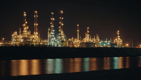 Oil refinery at night with reflection in the river. Oil industry.の素材