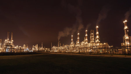 Petrochemical plant at night with blue sky and long exposure.の素材