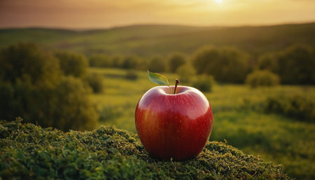 Red apple on a green meadow at sunset in the countryside.の素材