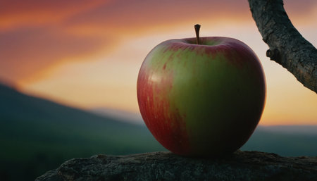 Red apple on a tree branch against the background of the setting sunの素材