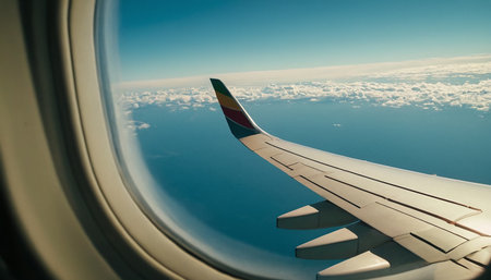View from the window of an airplane on the wing and the wingの素材