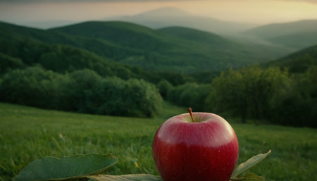 Red apple on a green field with mountains in the background at sunsetの素材