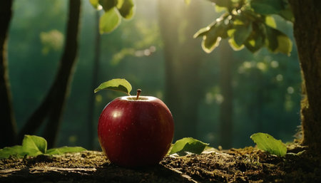 Red apple on a tree in the forest with green leaves and sunlightの素材