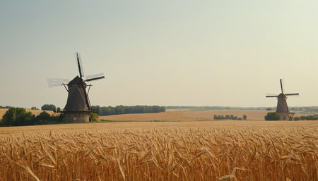 Traditional windmills in a wheat field in Kinderdijk, Netherlandsの素材