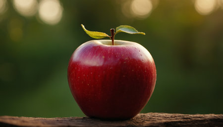 Red apple on wooden table in the garden. Nature background. Close up.の素材