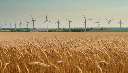 Wind turbines in a wheat field in the countryside in springtime.の素材