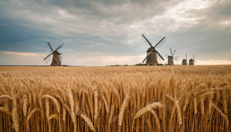 Panoramic view of traditional windmills in Kinderdijk, Netherlandsの素材
