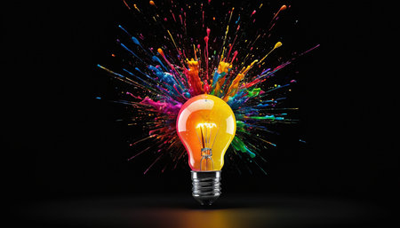 Bulb with colorful splashes on black background. 3d renderingの素材