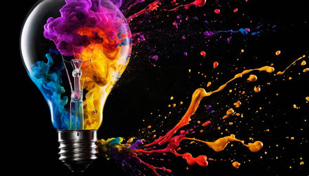 Colorful paint splashing out of lightbulb, idea conceptの素材