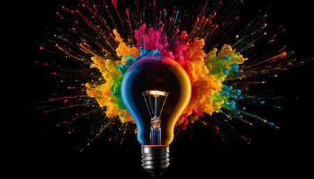 Light bulb with colorful paint splashes on black background. 3D renderingの素材
