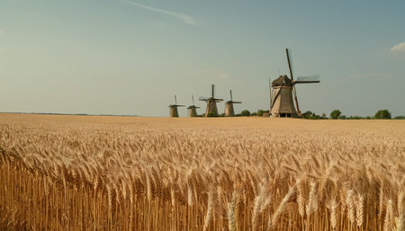 Old windmills in a wheat field in Kinderdijk, Netherlandsの素材