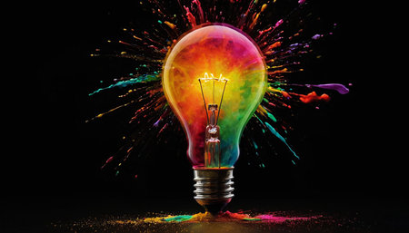 Glowing light bulb with colorful splashes inside, isolated on blackの素材