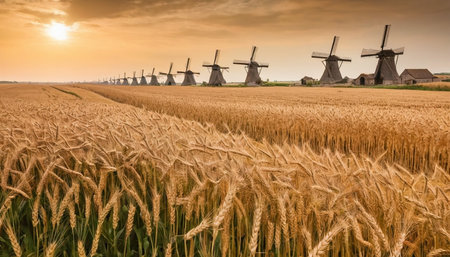 Windmills in Kinderdijk, Netherlands at sunset with golden wheatの素材
