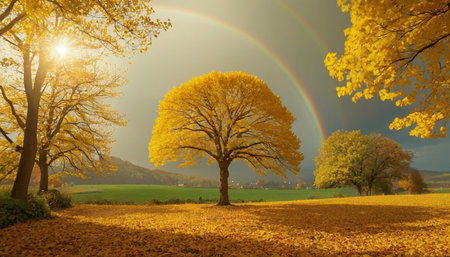 Autumn landscape with yellow trees and rainbow in the sky, nature seriesの素材