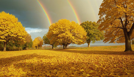 Autumn landscape with rainbow in the sky and falling leaves on the groundの素材