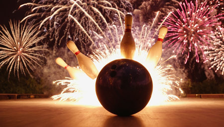 Bowling ball and skittles on a bowling alley with fireworks in the backgroundの素材