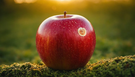 Red apple on green moss in sunset light. Concept of healthy nutrition.の素材