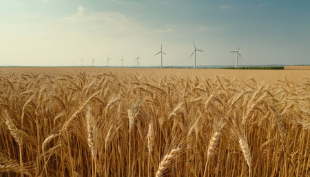 Ears of wheat on the field with wind turbines in the backgroundの素材