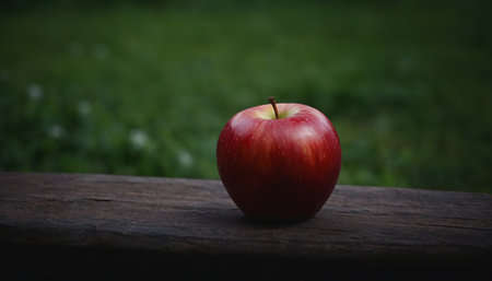 Red apple on wooden table in the garden. Selective focus.の素材