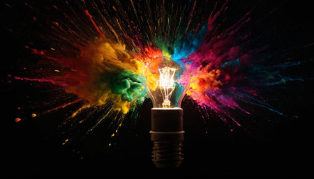 Colorful light bulb explosion on black background. Creative idea concept.の素材