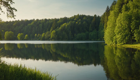 Lake in the forest. Beautiful summer landscape with lake and forest.の素材