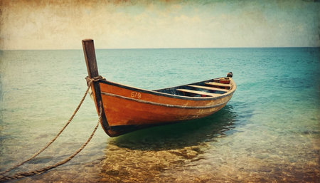 Old wooden boat on the shore of the Mediterranean Sea. Retro style.の素材