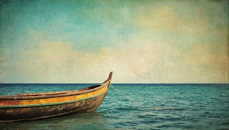 Fishing boat on the sea, vintage retro style, travel backgroundの素材