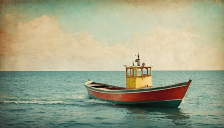 Fishing boat in the sea, vintage retro style. Copy space.の素材