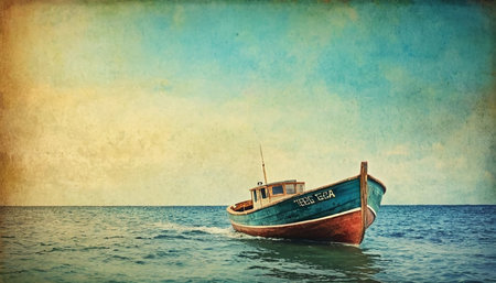 Fishing boat in the sea. Vintage background. Photo in old image style.の素材