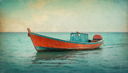 Fishing boat on the sea in grunge style,vintageの素材