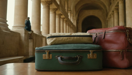 Suitcases on the table in the interior of the old buildingの素材