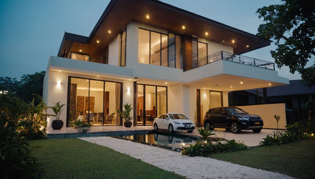 Modern house with swimming pool at night, Bali, Indonesia.の素材