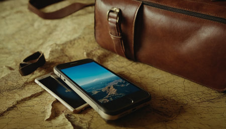 Smart phone and brown leather bag on map background. Travel concept.の素材