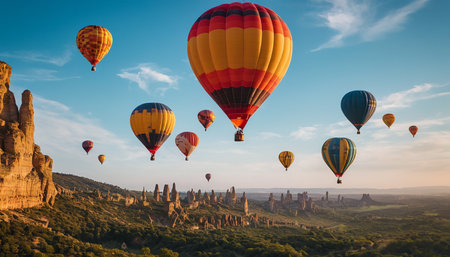 Colorful hot air balloons flying over rocks in Cappadocia, Turkeyの素材