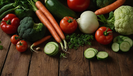 Composition with variety of raw organic vegetables on wooden table, closeupの素材