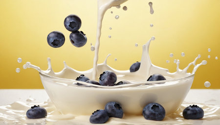 Splash of milk and blueberries in a bowl on yellow backgroundの素材