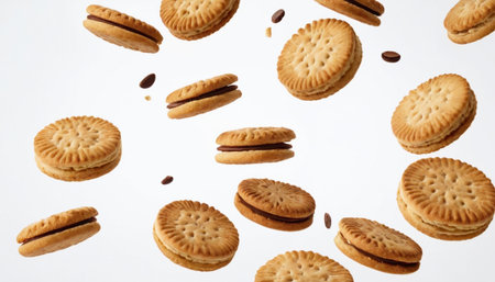 Sandwich biscuits falling on white background. Top view, flat layの素材