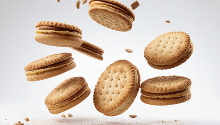 Crackers falling on a white background. Flying biscuits. Isolatedの素材