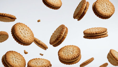 Crackers falling on white background. Biscuits falling on white backgroundの素材